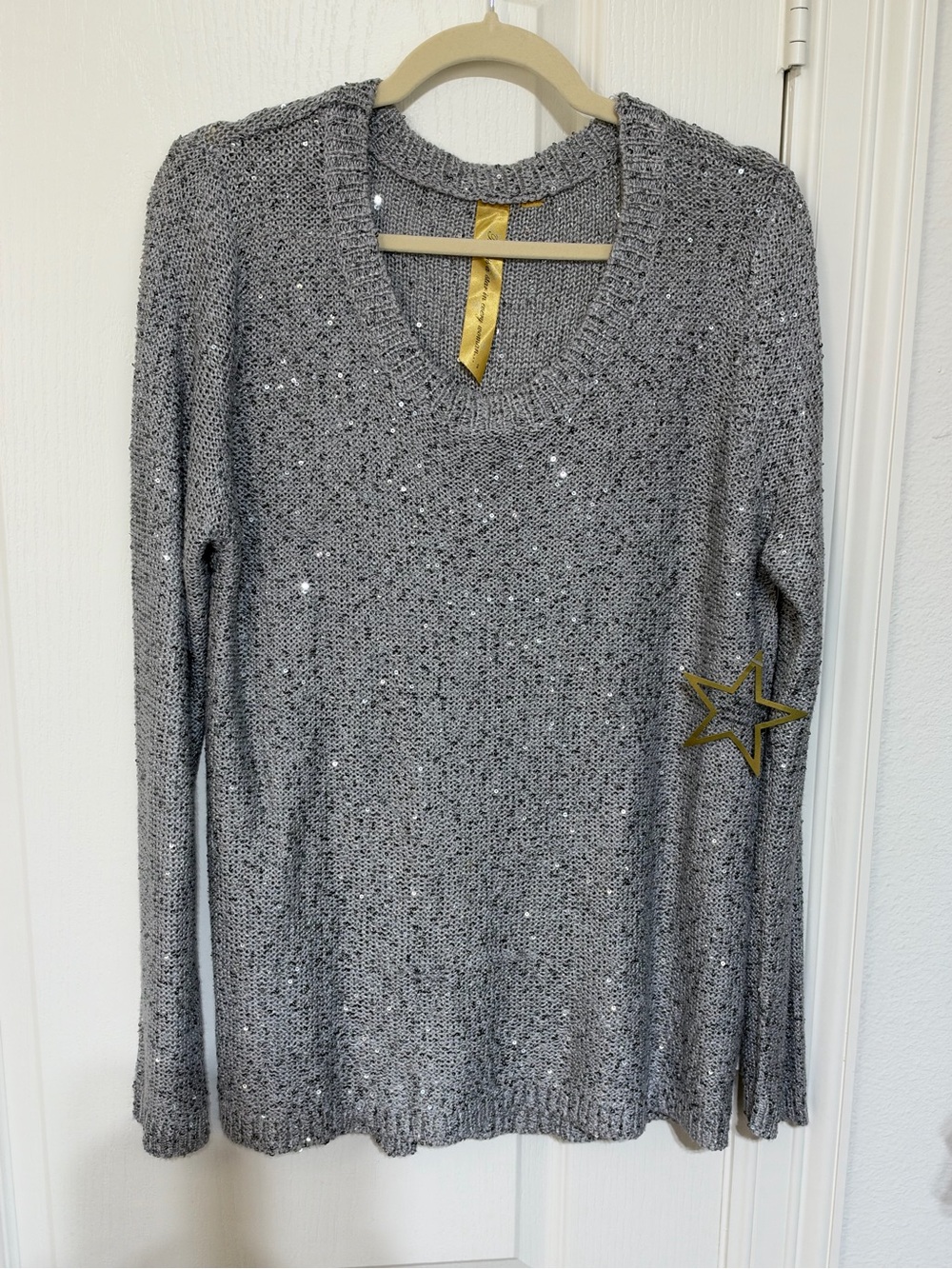 Sparkle-Embellished Gray V-Neck Sweater
